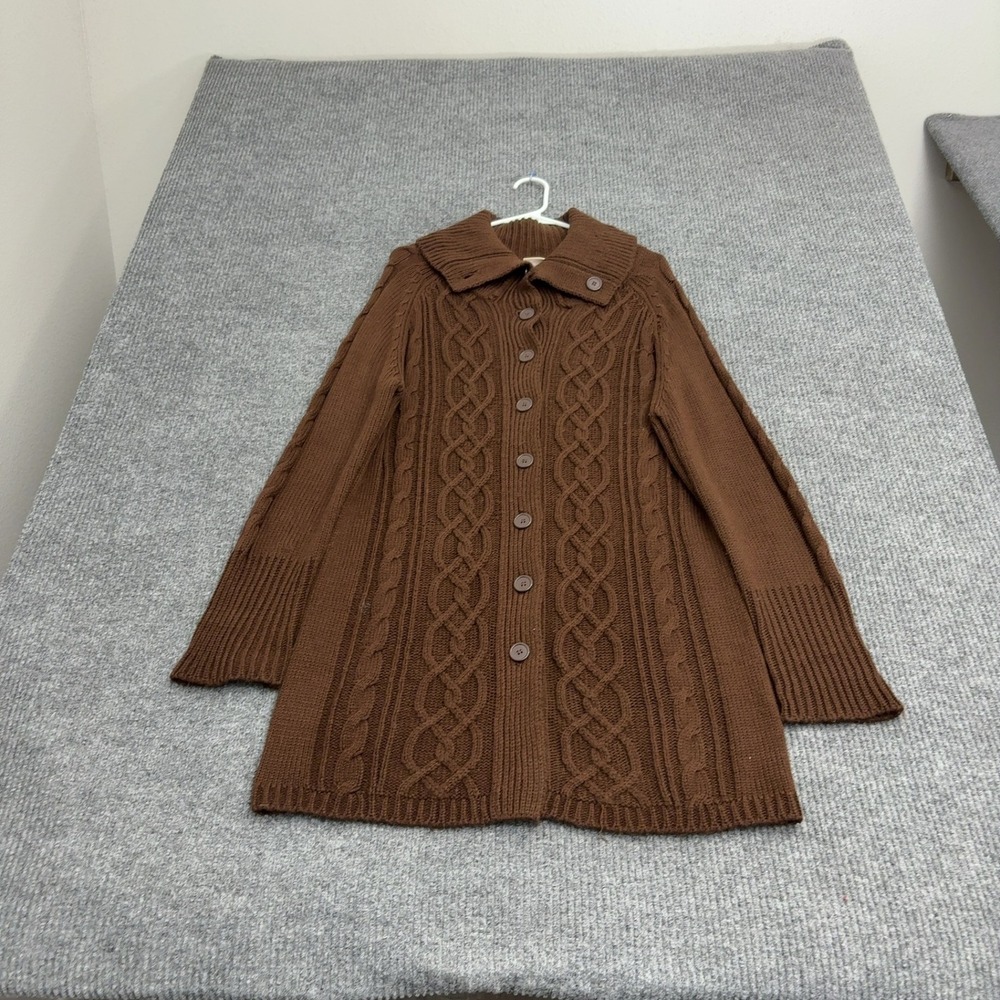 Faded Glory Sweater Cardigan Ladies L Brown Acrylic Cable Knit Button Up Casual